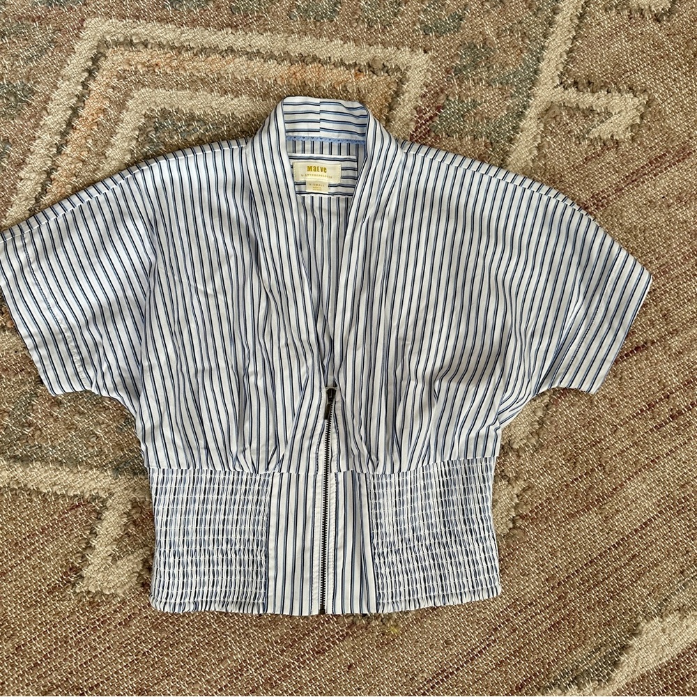 Anthropologie Maeve Navy and White Striped Blouse XS-S stretch